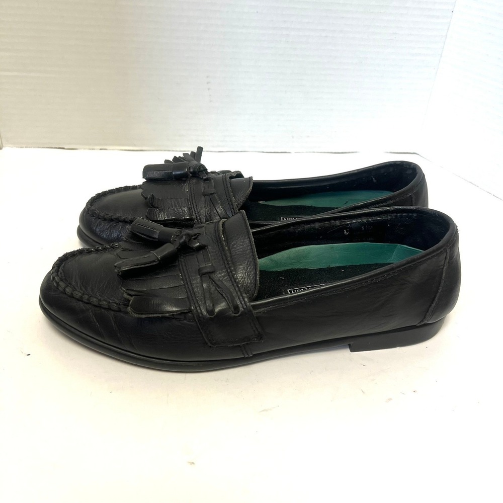 VTG Mens Black Leather Tassel Loafers 9.5 Dress Slip On Shoes Academia Retro 90s